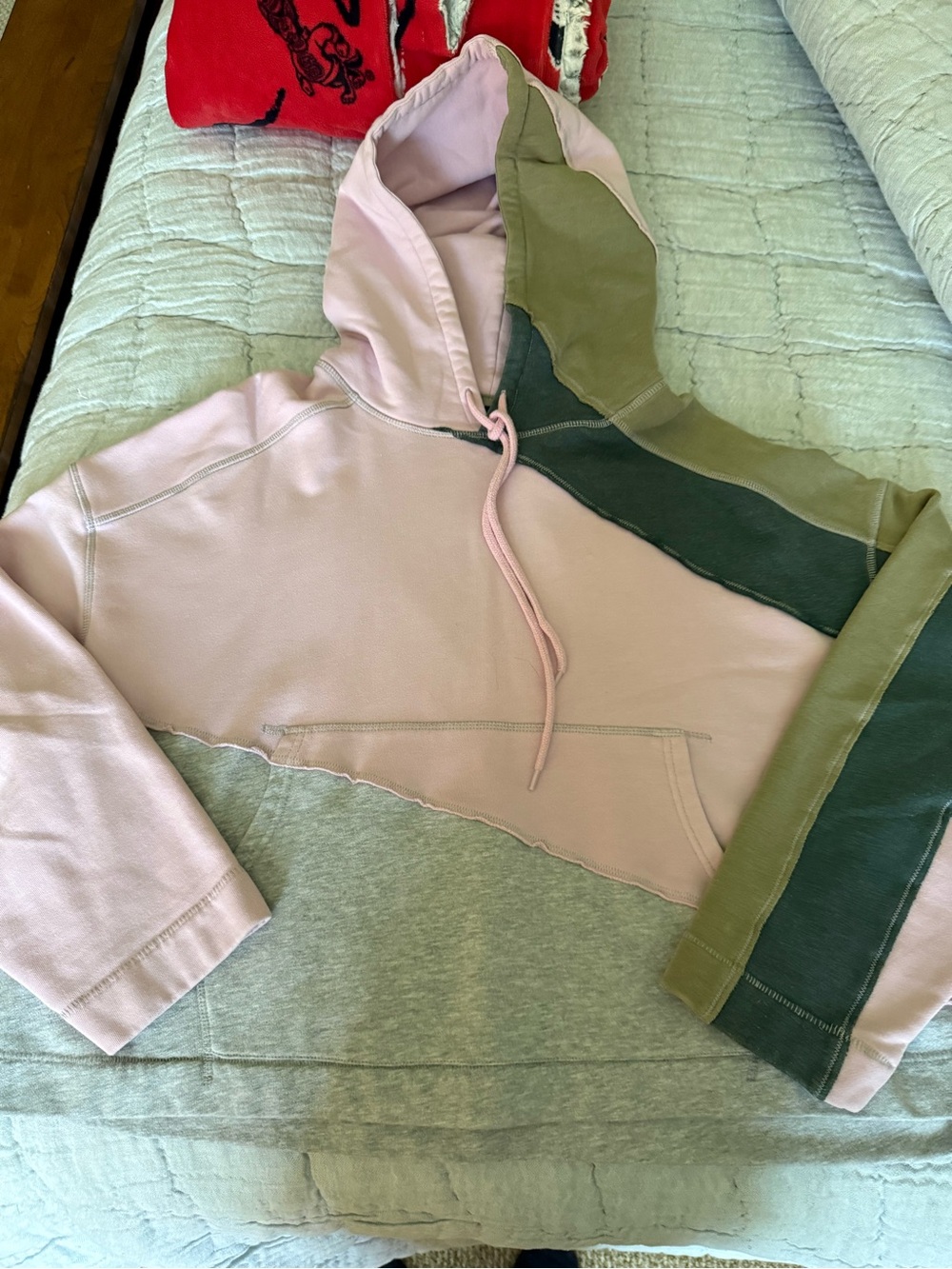Free People Pastel Pink and Olive Green Colorblock Hoodie